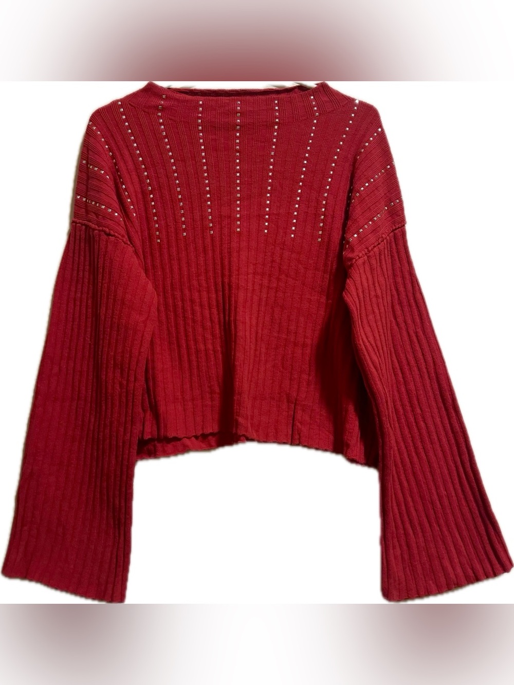 DKNY Red Ribbed Studded Cropped Crewneck Sweater